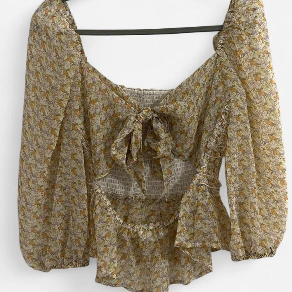 ASTR The Label Light Floral Smocked Square Neck + Tie Back Blouse